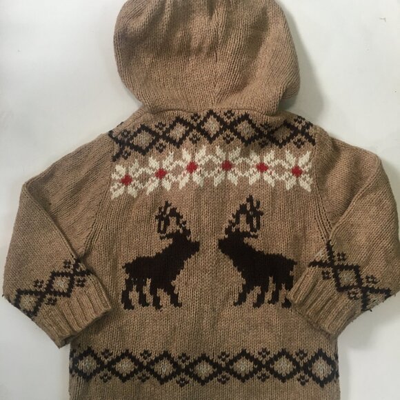 Baby Gap Button Up Knit Sweater Pockets Hooded Reindeer Moose Sz 3 Unisex Beige - Picture 11 of 15
